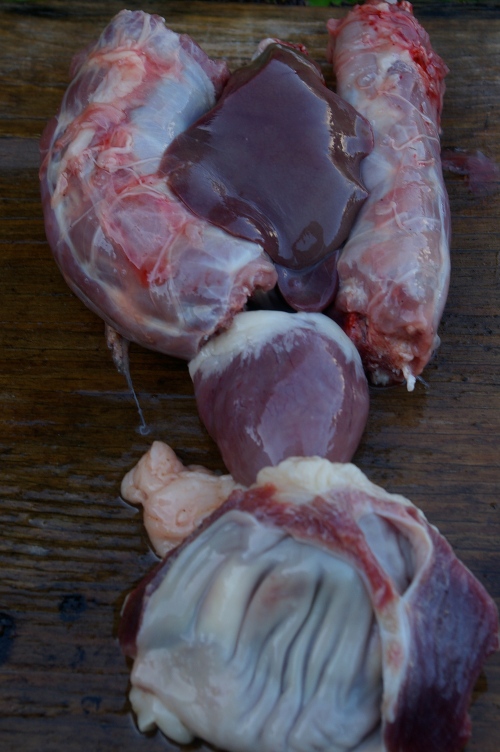 Neck in two pieces, liver between neck, heart, and gizzard. 