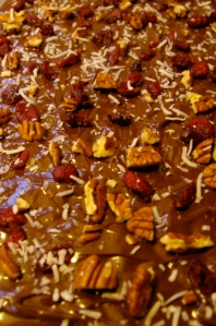 The pan of freshly made Christmas Chocolate Butter-nut Toffee. 